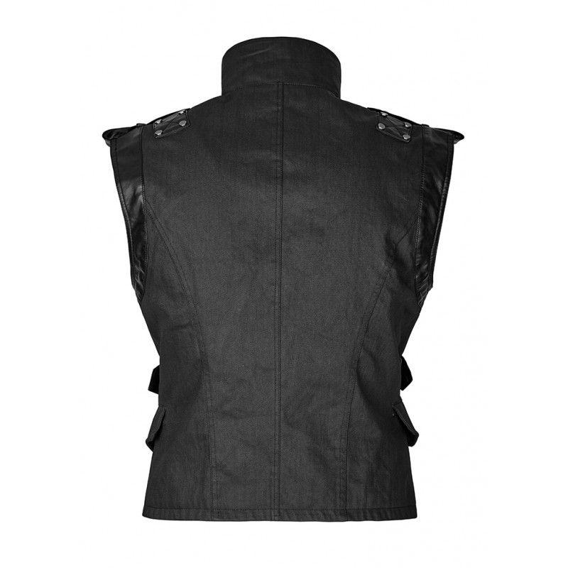 Men Gothic Military Vest  Army Steampunk Cross Vest Black Leather Dieselpunk Waistcoat